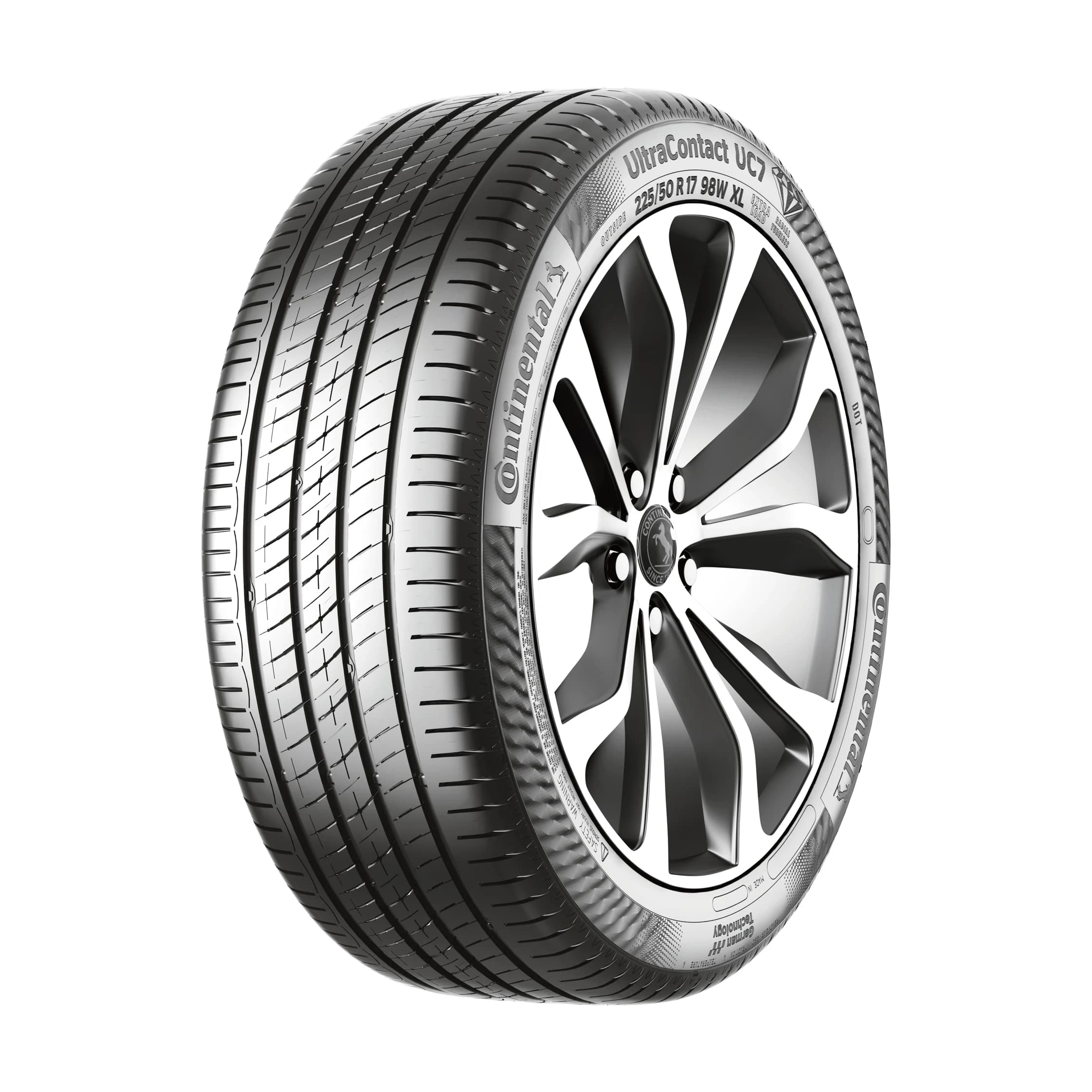 Continental UltraContact UC7 tyre — front three-quarter studio view (model shown in 225/50R17)